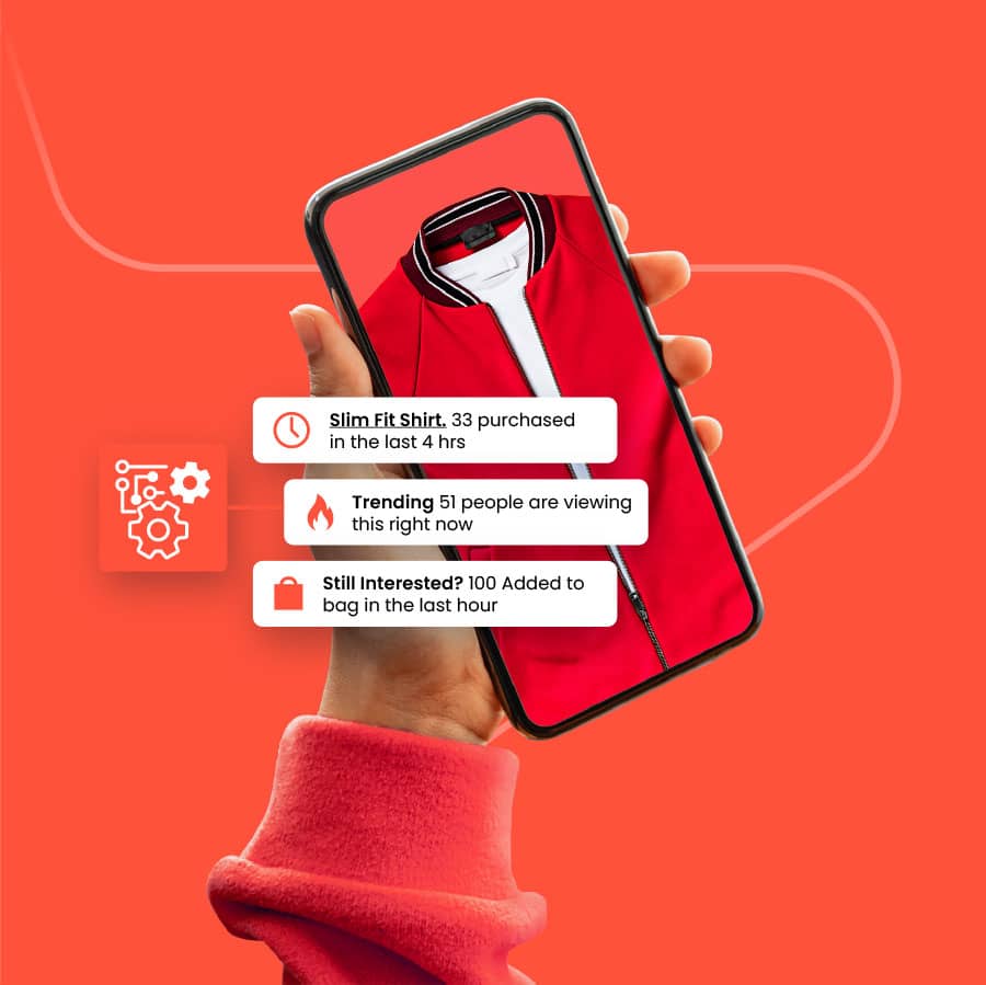 Hand holding a phone with a red jacket and three messages popping out.