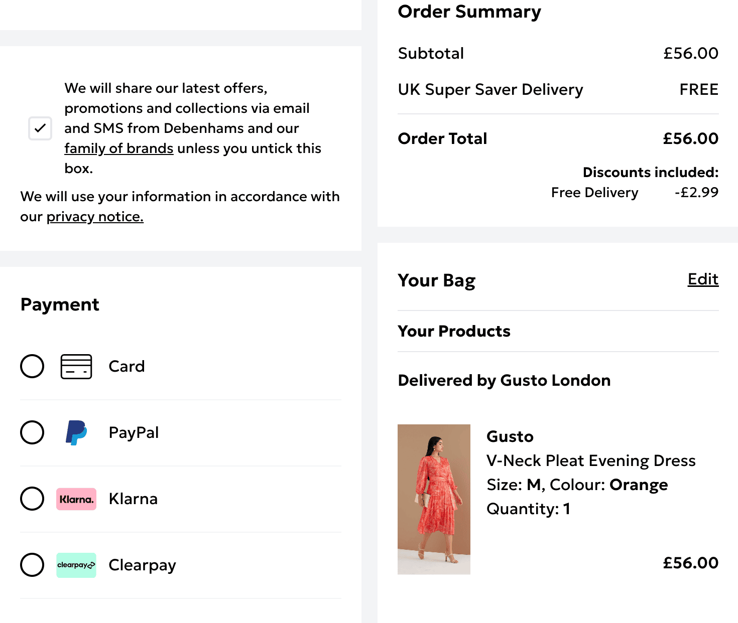 Debenhams website basket page showing product in bag and payment options