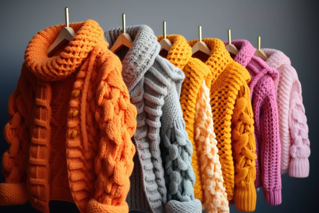 Colourful winter jumpers on hangers