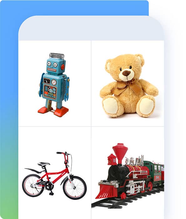 Graphic showing a phone in four sections with a robot, a bear, a bike, and a train toy in each