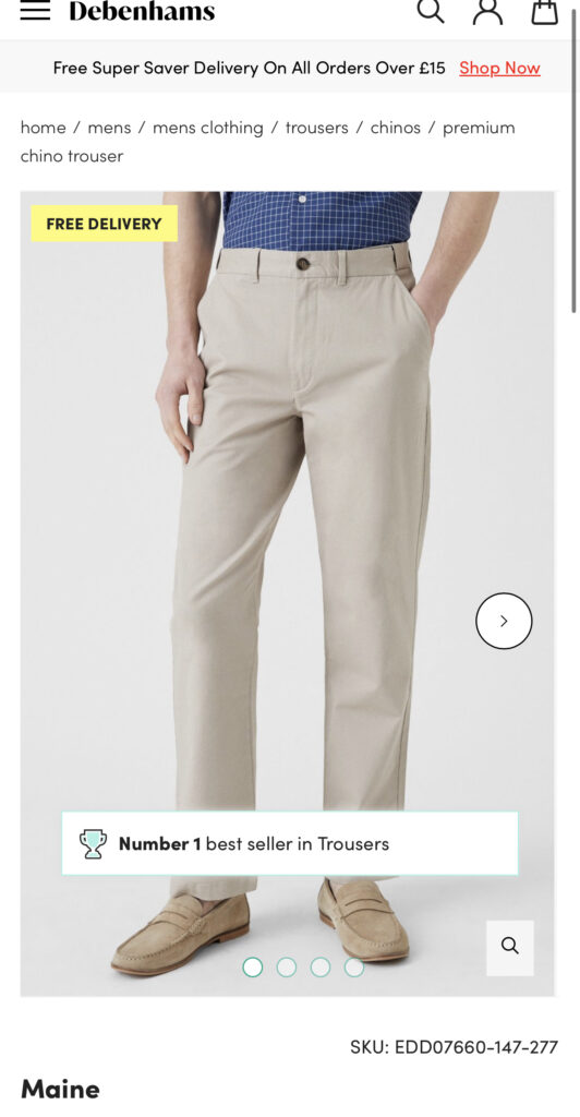 Debenhams webpage premium chino trousers