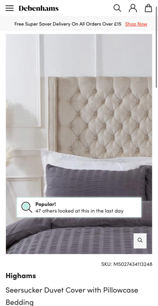 Debenhams webpage pillowcase bedding