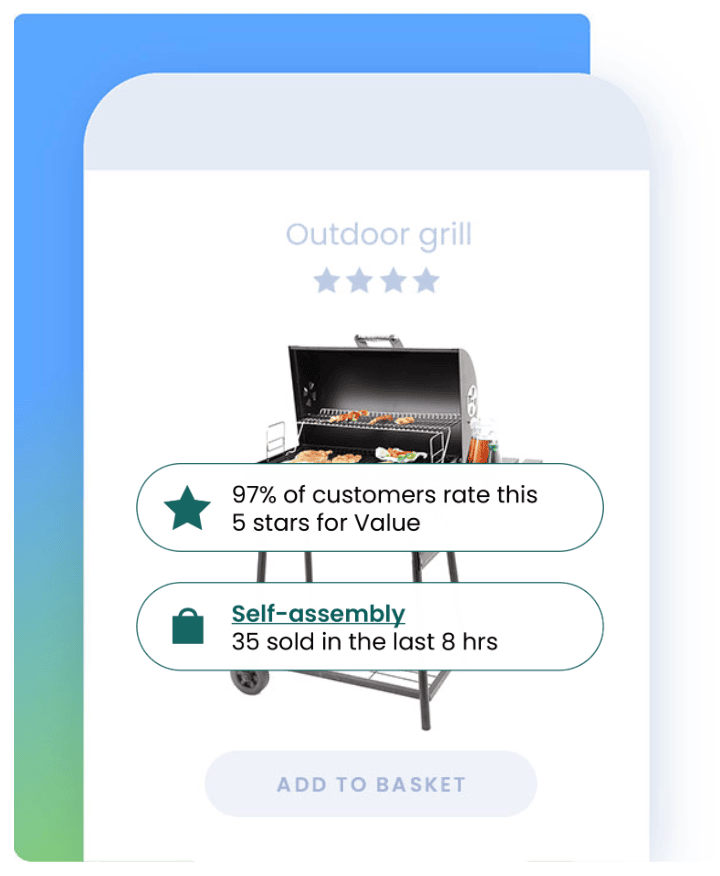 Outdoor grill in mobile image with social proof messaging