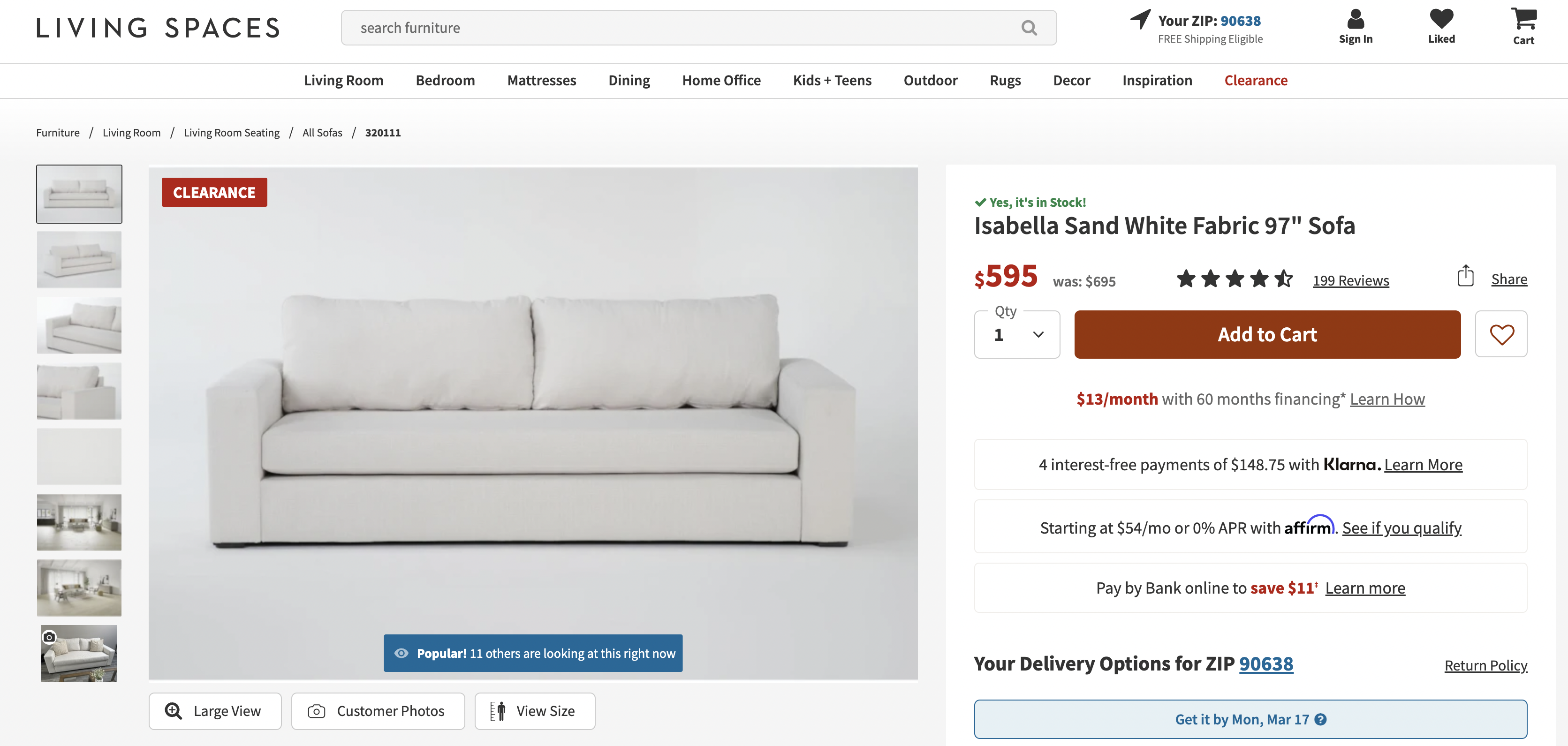 Living Spaces sofa with social proof