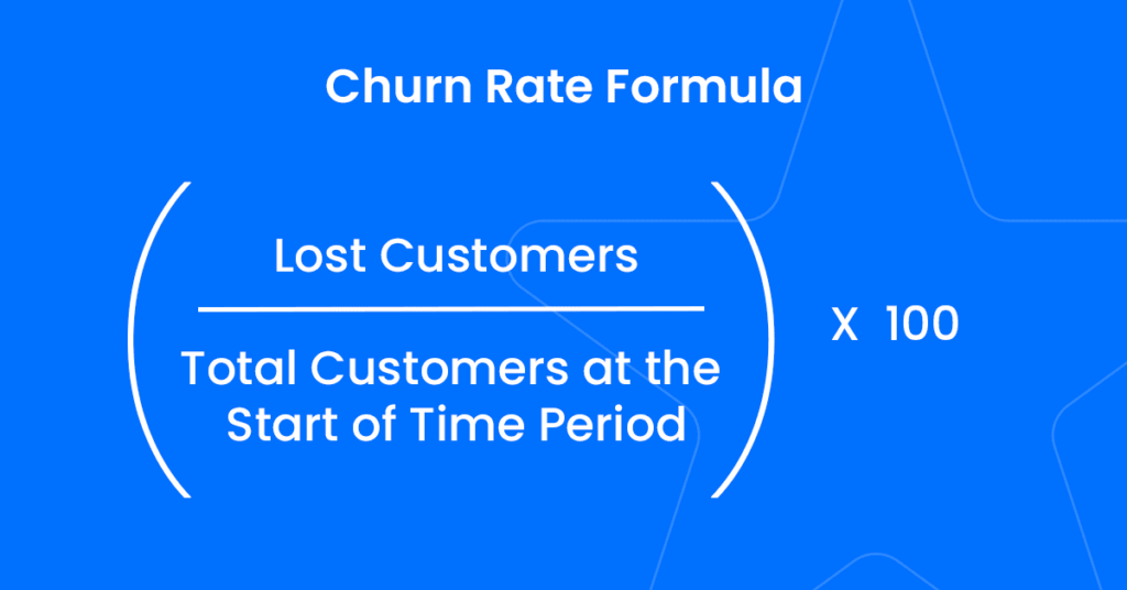 Churn rate formula. Lost customers over total customers at the start of time period x 100. 