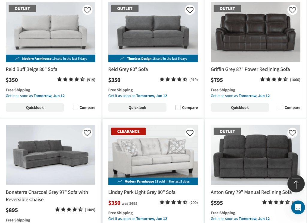 Living spaces website showing sofas with social proof messaging