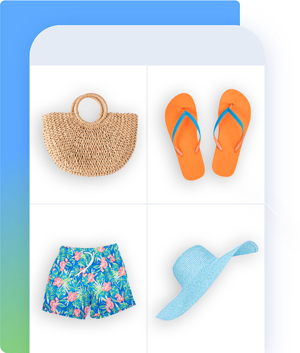 Flip flop, basket, swimming shorts, and summer hat products in phone graphic