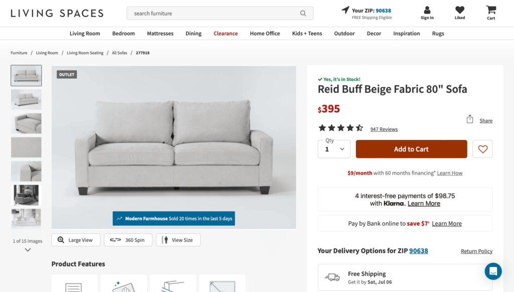 Living Spaces webpage with Reid buff Beige sofa shown with social proof messaging