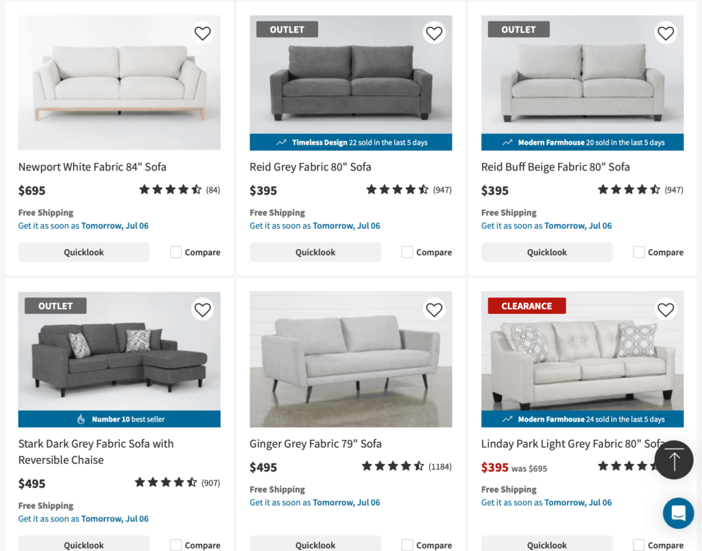 Living Spaces PLP page with 6 sofa products listed with social proof messages