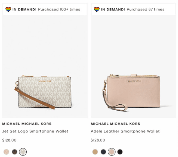 Michael Kors webpage with two smartphone wallets with social proof mesaging