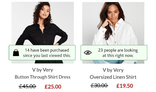 Very.com webpage with two items. On the left, V by Very Button dress and on the right, V by Very oversized linen shirt. 