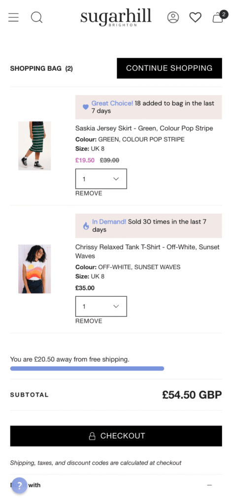 Sugarhill Brighton bag page with Taggstar's Social Proof Messaging