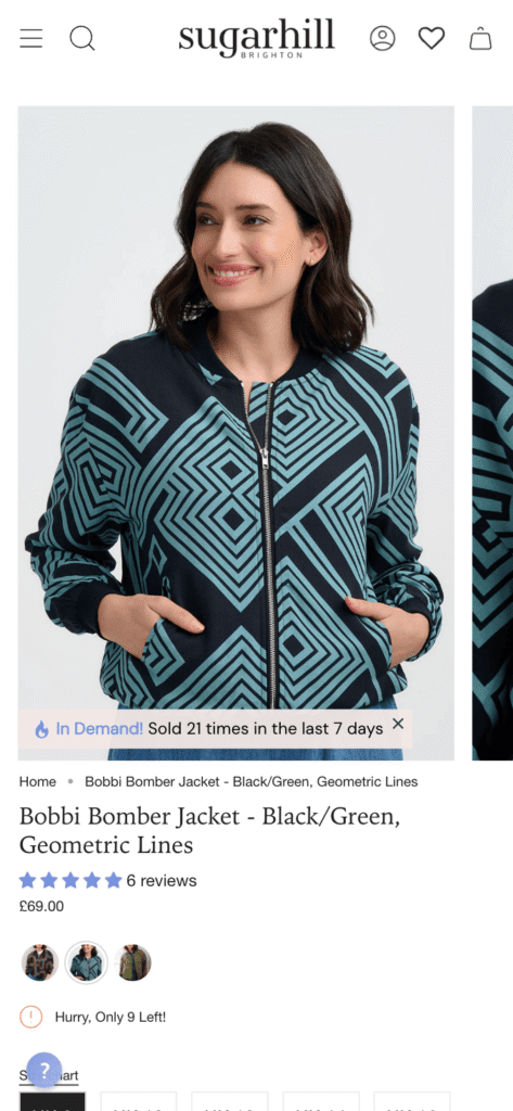 Sugarhill Brighton PDP with Taggstar's Social Proof Messaging