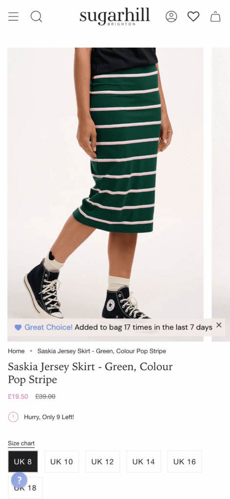 Sugarhill Brighton PDP with Taggstar's Social Proof Messaging