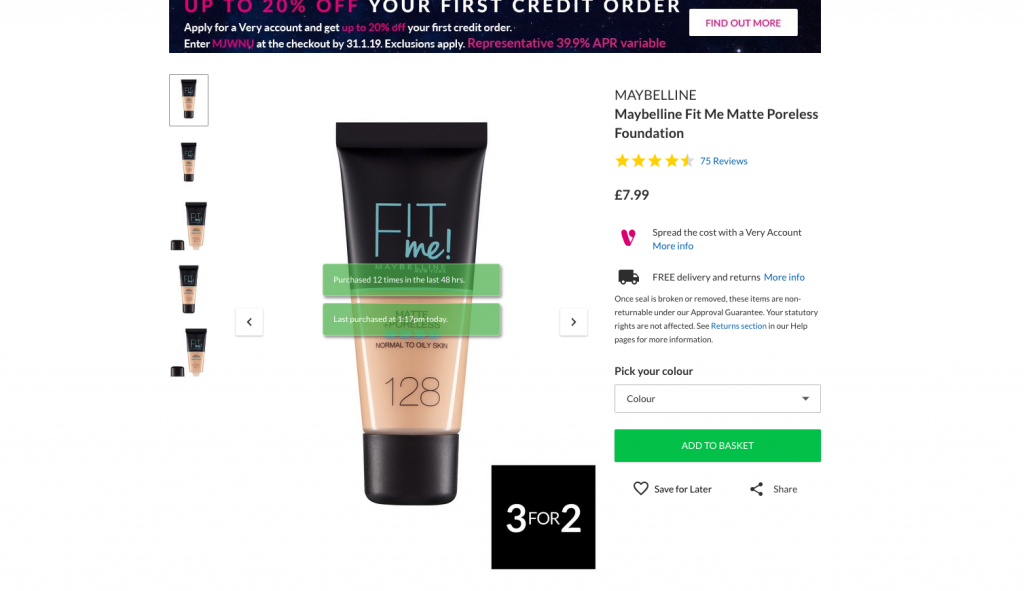 Cosmetic product by Maybelline featuring social proof messaging stating "purchased 12 times in the last 48 hours" and "last purchased at 1.17pm today."