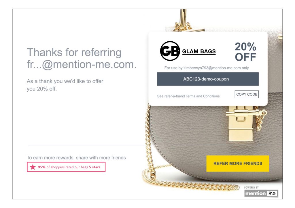 Mention Me voucher showing a 20% off coupon for for using the code: ABC123-demo-coupon