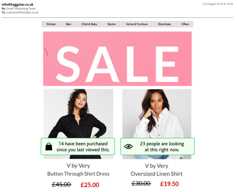Sale website image showing two t-shirt products with messages "14 have been purchased since you last viewed this" on the left, and "23 people are looking at this right now" on the right