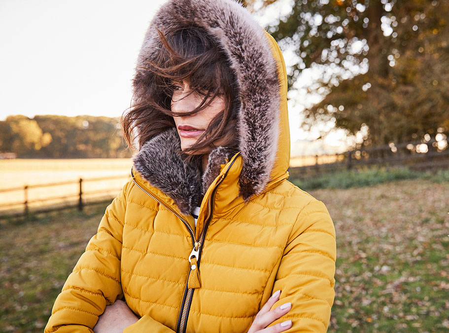 Woman in a yellow coat with fur trimming and a background of trees and grass