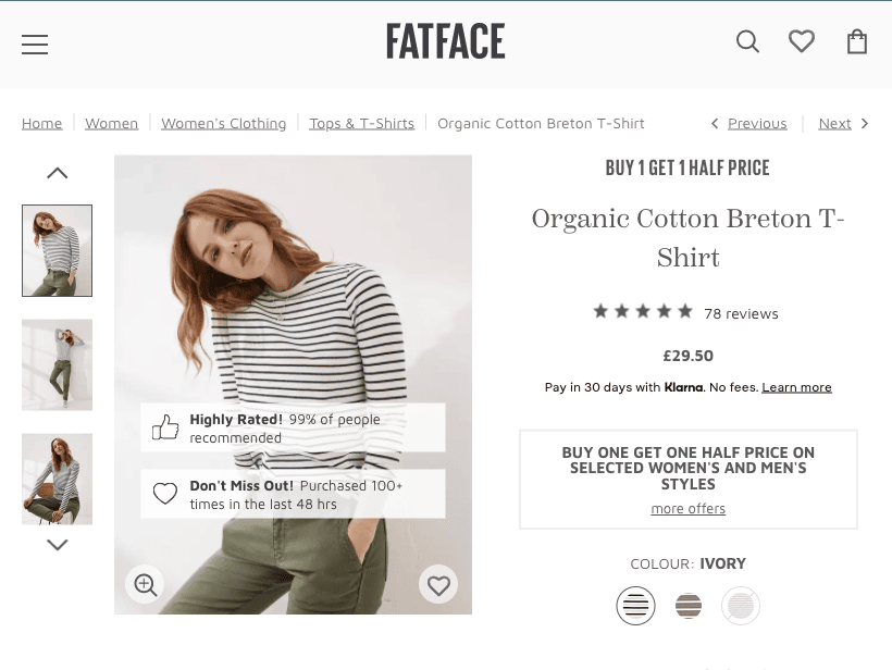 Example of urgency messages being used on FatFace's website using Taggstar's social proof messaging solution