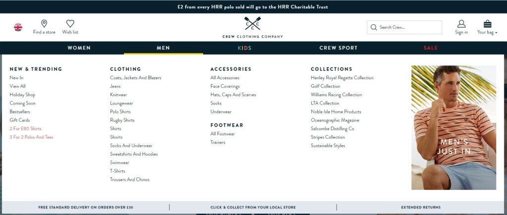 Example of a clear eCommerce navigation structure from the Crew Clothing Company