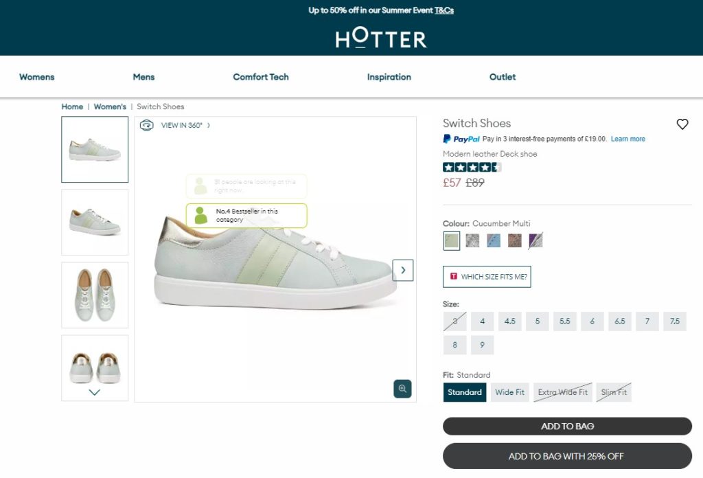 Example of a Product Details Page (PDP) targeted discount offer from Hotter.com