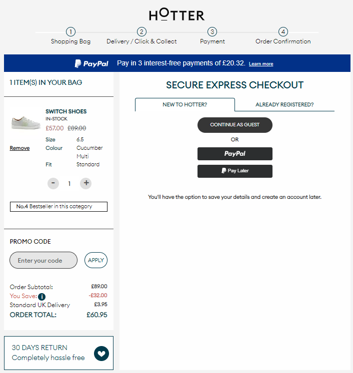 Example of alternative payment methods from Hotter.com
