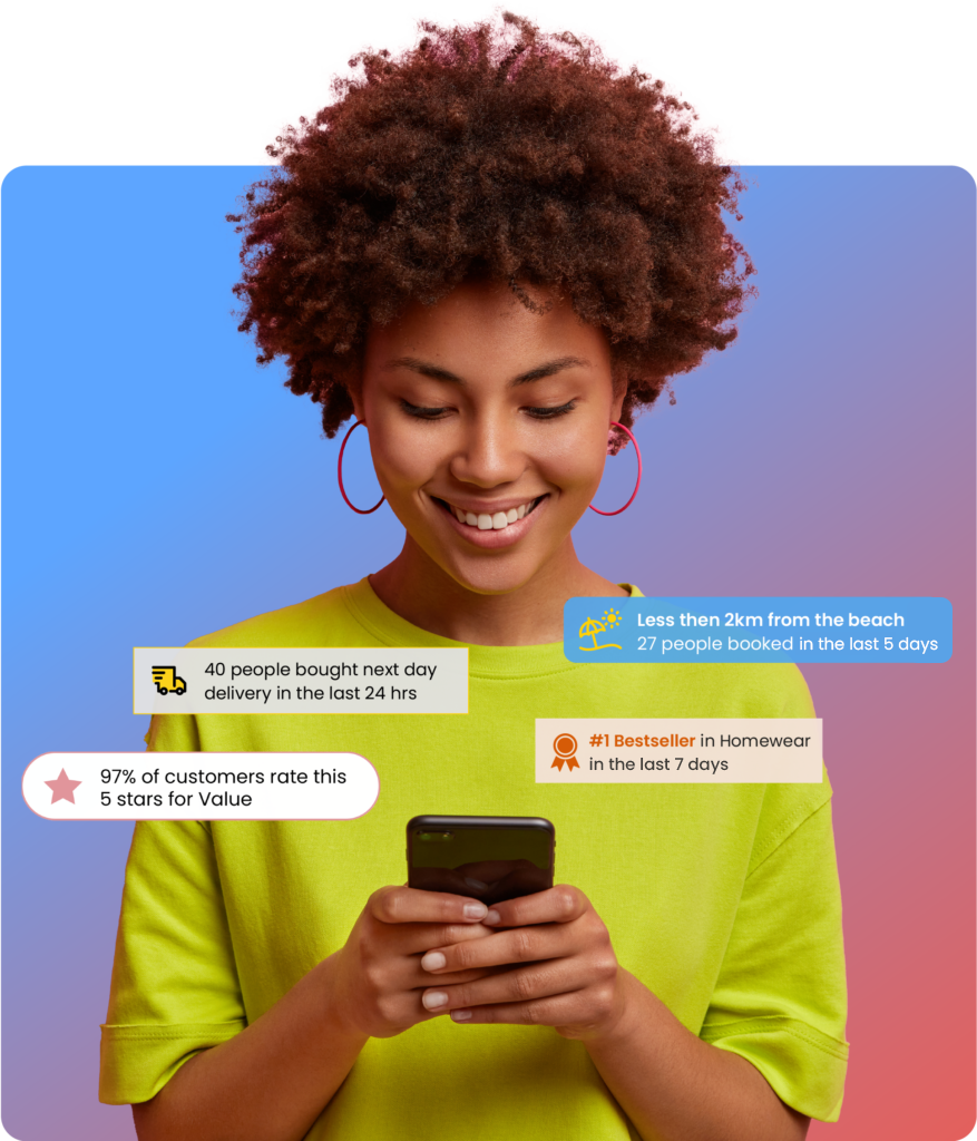 Woman with afro hair and a green top looking towards her phone with social proof messaging featured, such as "97% of customers rate this 5 stars of value", and "40 people bought next day delivery in the last 24 hours"
