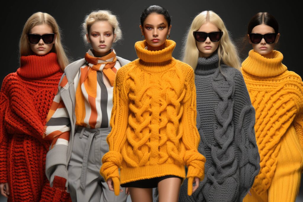 Five fashion models wearing winter clothing
