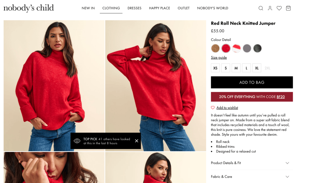 Nobody's Child webpage showing red roll neck knitted jumper product