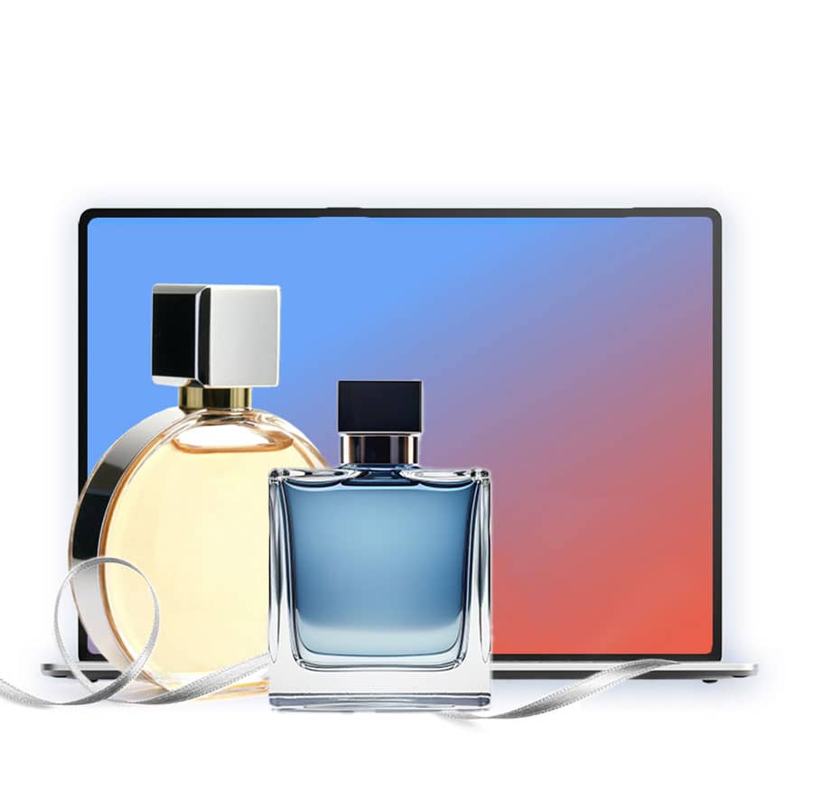 Laptop graphic with fragrance bottles