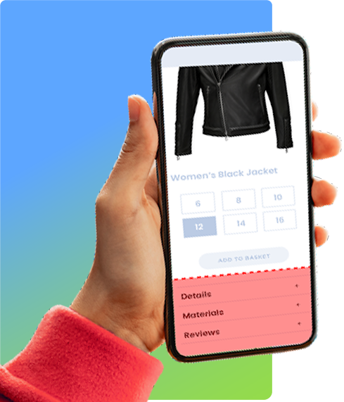 Hand holding phone containing a leather jacket product details