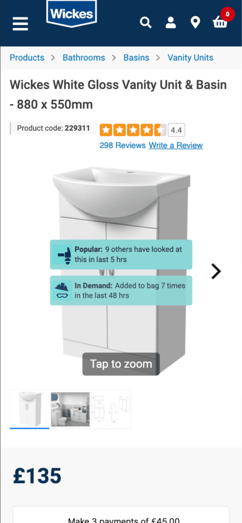 Wickes webpage white gloss vanity unit product
