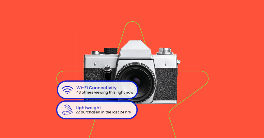 Camera graphic with social proof messaging "wi-fi connectivity. 43 others viewing this right now". and "lightweight. 22 purchased in the last 24 hrs."