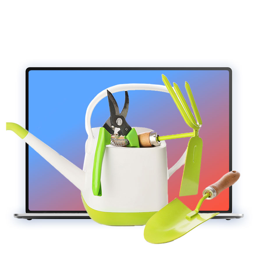 Gardening tools on a laptop background