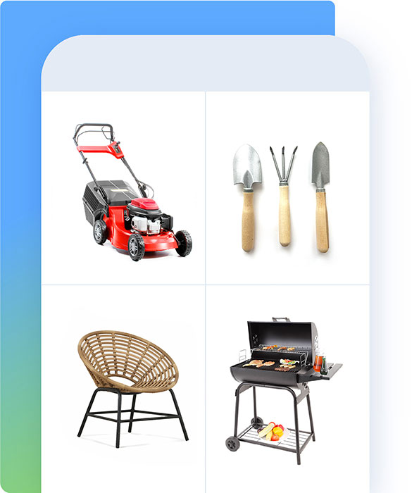 Gardening furniture products, lawn mower, gardening tools, and a bbq grill