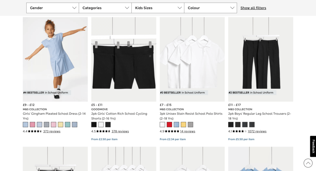 M&S back to school range on their website