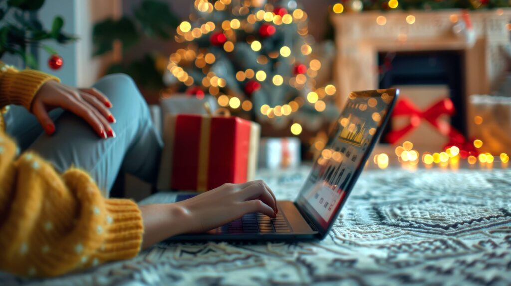 Cozy scene, woman typing on laptop at home during Christmas