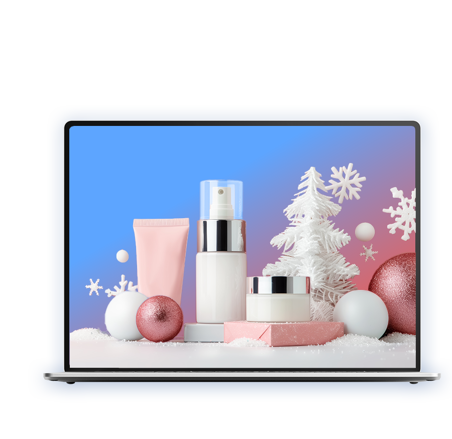 Winter products in laptop background