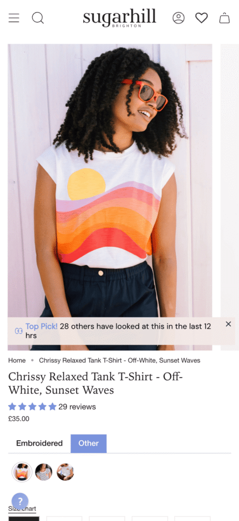 Sugarhill Brighton PDP with Taggstar's Social Proof Messaging