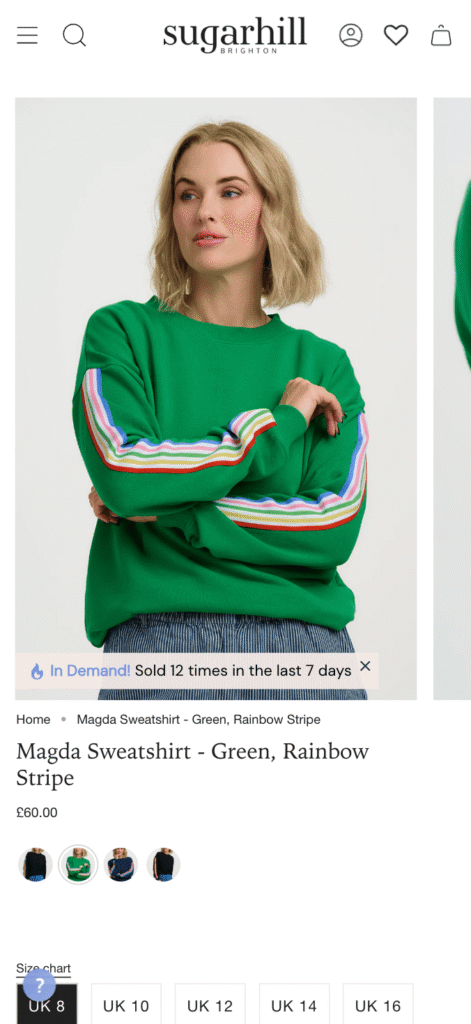 Sugarhill Brighton PDP with Taggstar's Social Proof Messaging