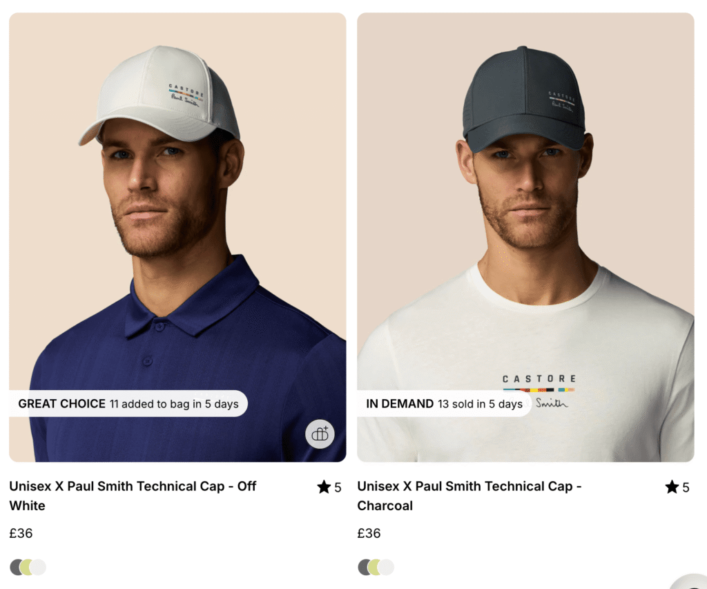 Castore PLP with social proof messaging