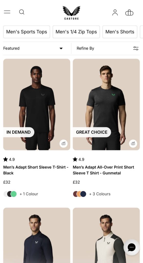 Castore mobile PLP with social proof messaging